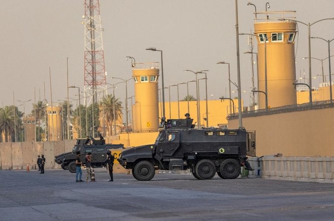 Iraqi Counter Terrorism Forces stand guard outside the U.S. Embassy on May 30, 2021 in Baghdad, Iraq. (File/AFP)