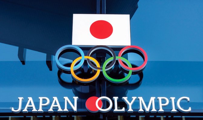 Olympic symbol logo is seen near Japan New National Stadium for Olympic in Tokyo. (Shutterstock)