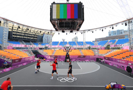 The Russian Olympic 3x3 basketball team during training at the Aomi Urban Sports Park, Tokyo. (Reuters)