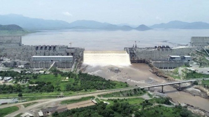 Above, an aerial view of water levels at the Grand Ethiopian Renaissance Dam in this frame grab from a video of Ethiopian Public Broadcaster released on July 24, 2020. (Ethiopian Public Broadcaster via AFP)