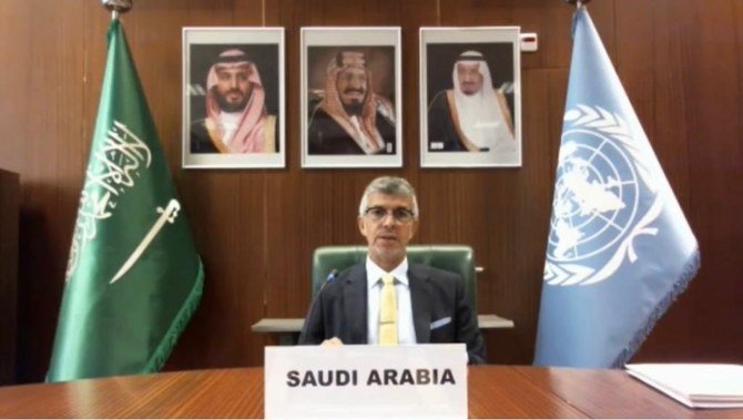 Saudi Arabia’s permanent representative to the UN in Geneva Dr. Abdul Aziz Al-Wasel attends an interactive dialogue by the Human Rights Council. (Twitter/@KSAPermanentGVA)