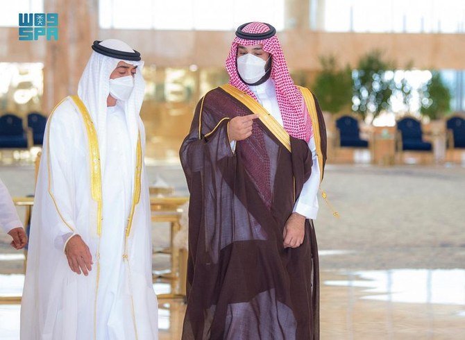 The Abu Dhabi crown prince was welcomed in Riyadh by Crown Prince Mohammed. (SPA)