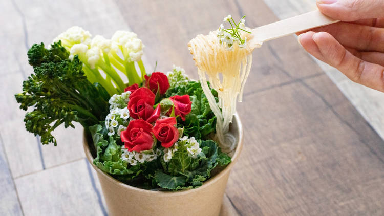 The restaurant uses various ingredients like mushrooms, asparagus, lettuce, eggplant, green beans and edible flowers to create the aesthetic ramen bowls. (My Ramen Company)