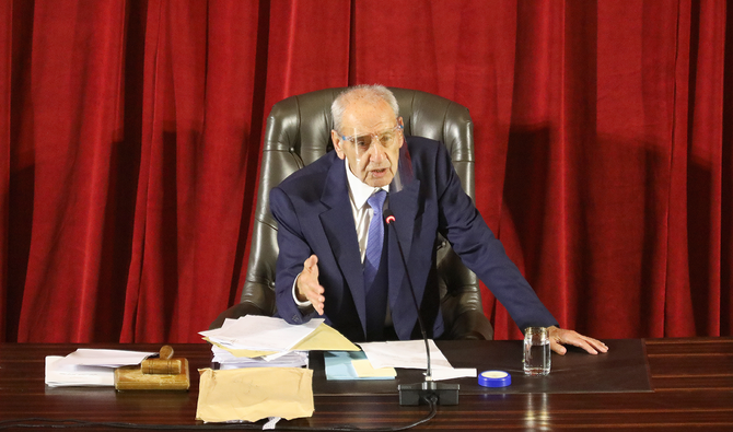 Lebanese Parliament Speaker Nabih Berri heads a legislative session in Beirut, Lebanon June 30, 2021. (Reuters)