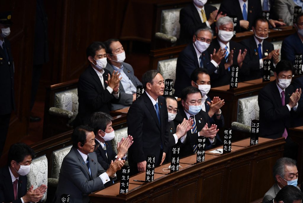 Japanese Prime Minister Yoshihide Suga after he was elected as Japan's prime minister by the Lower House of parliament in Tokyo, Sep. 16, 2020. (AFP)