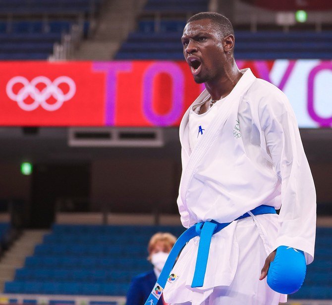 Tarek Hamdi endured a heartbreaking end to the final of the Men’s Karate Kumite +75kg at Tokyo 2020 when a penalty for dangerous play denied him a gold medal. (Twitter/@saudiolympic)