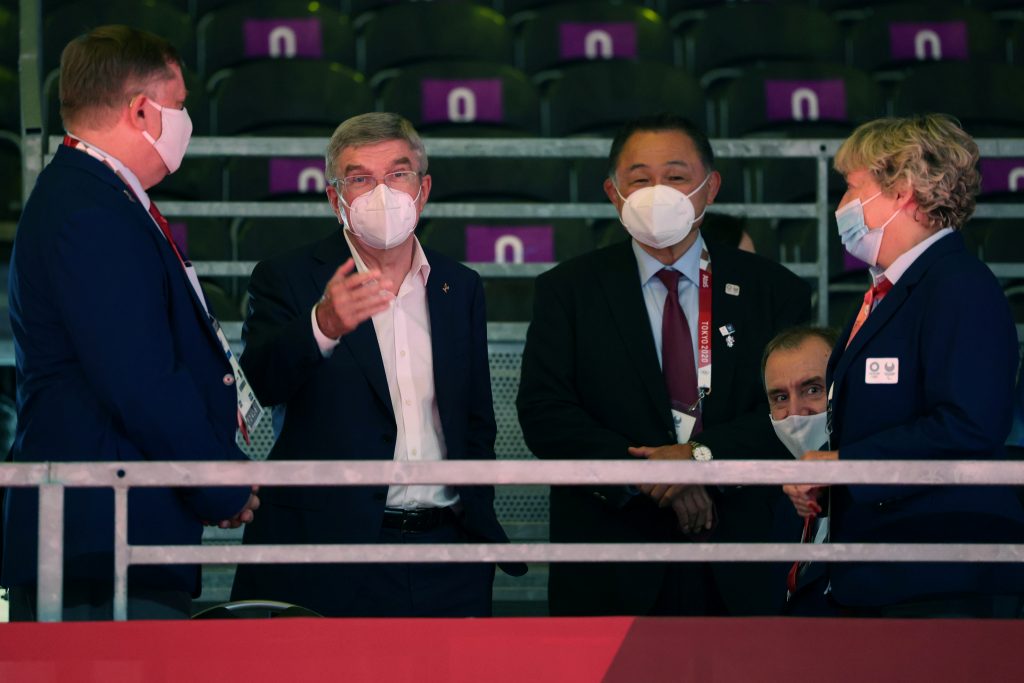 International Olympic Committee (IOC) President Thomas Bach and JOC President Yasuhiro Yamashita observe the matches. (File photo/Reuters)