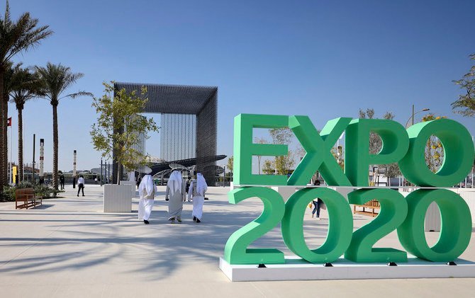 People walk past the official sign marking the Dubai Expo 2020 near the Sustainability Pavilion in Dubai on January 16, 2021. (AFP/File Photo)
