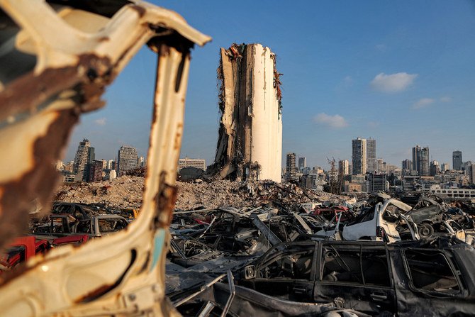 A partial view of the damaged grain silos at the port of Lebanon's capital Beirut, almost a year after the August 4 massive explosion that killed more than 217 people and injured scores of others. (AFP/File Photo)