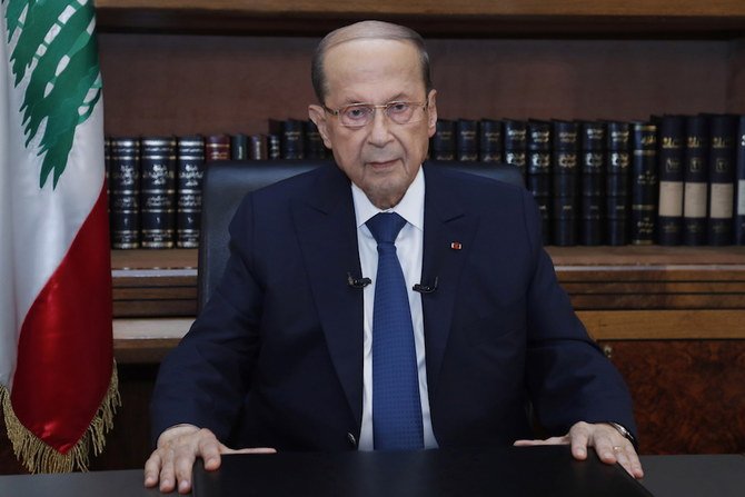 Lebanon's President Michel Aoun sits inside the presidential palace on the eve of the first anniversary of Beirut port explosion, in Baabda on August 3. (Reuters)