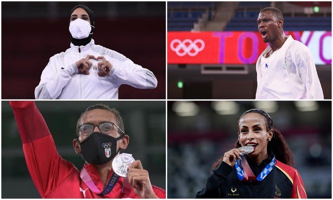 Clockwise from top left: Egyptian Feryal Abdelazi, Saudi Arabia’s Tarek Hamdi, Bahrain’s Kalkidan Gezahegne and Egypt’s Ahmed Elgendy all made it a memorable day for Arab sport. (AFP)