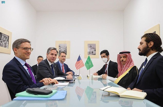 Saudi Arabian Foreign Minister Prince Faisal bin Farhan meets US Secretary of State Antony Blinken on the sidelines of the G20 meeting of foreign and development ministers in Matera, Italy on June 29, 2021. (SPA)