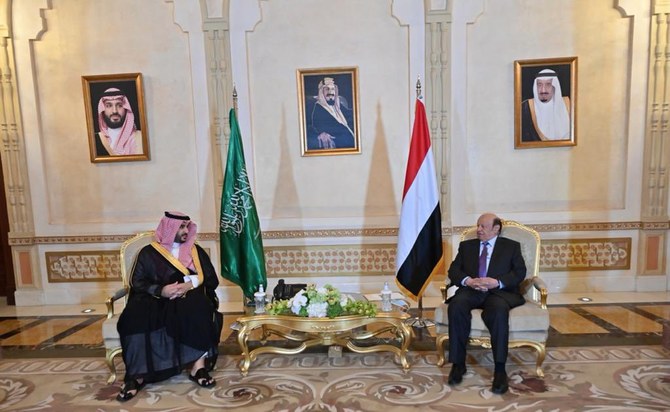 Yemeni President Abed Rabbo Mansour Hadi meets Saudi Deputy Defense Minister Prince Khalid bin Salman in Riyadh. (Twitter/@kbsalsaud)