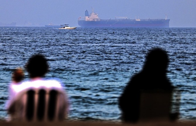 The Israeli-linked Japanese-owned tanker MT Mercer Street off the Port of Fujairah in the United Arab Emirates on August 3, 2021. (AFP)