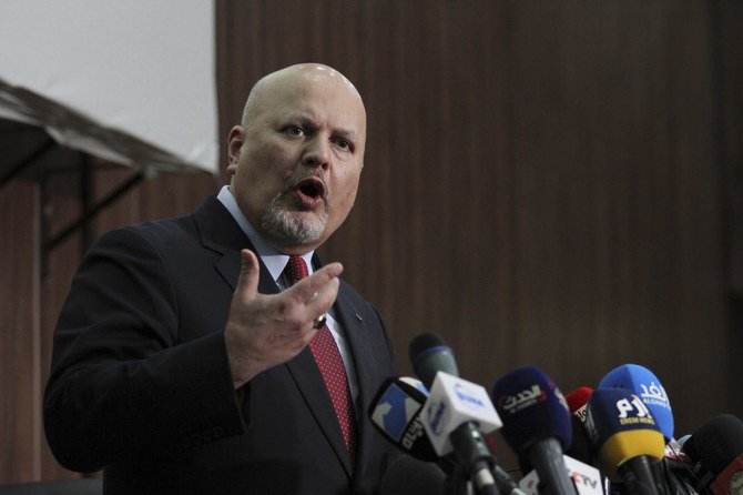 Karim Ahmed Khan, International Criminal Court (ICC) chief prosecutor, during a conference at the Ministry of Justice in Sudan Thursday. Khan urged Sudan to hand over suspects wanted by ICC for crimes committed in Darfur. (AP)