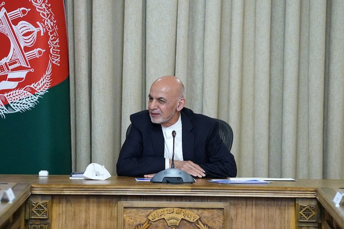 In this handout photograph taken on April 15, 2021 and released by Press office of President of Afghanistan shows Afghan President Ashraf Ghani in Kabul. (AFP)