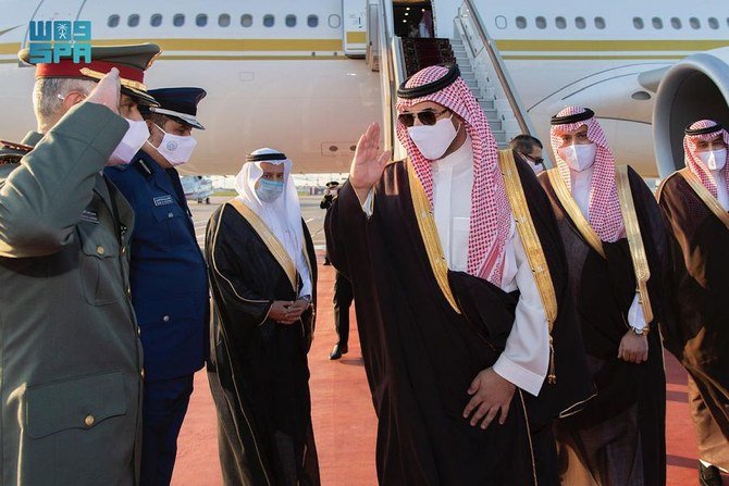 Saudi Arabia’s Deputy Defense Minister Prince Khalid bin Salman arrives in the Russian capital, Moscow, on Monday, Aug. 23, 2021. (SPA)