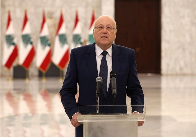 Lebanon’s Prime Minister-designate Najib Mikati at the presidential palace in Baabda, Lebanon, July 26, 2021. (Reuters)