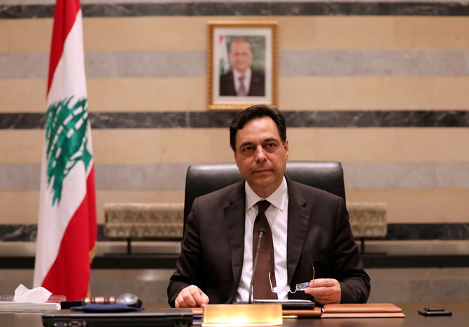 Lebanon’s Prime Minister Hassan Diab at the government palace in Beirut, Lebanon, August 10, 2020. (Reuters)