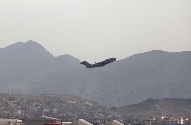 A US military aircraft takes off from the Hamid Karzai International Airport in Kabul. (AP)