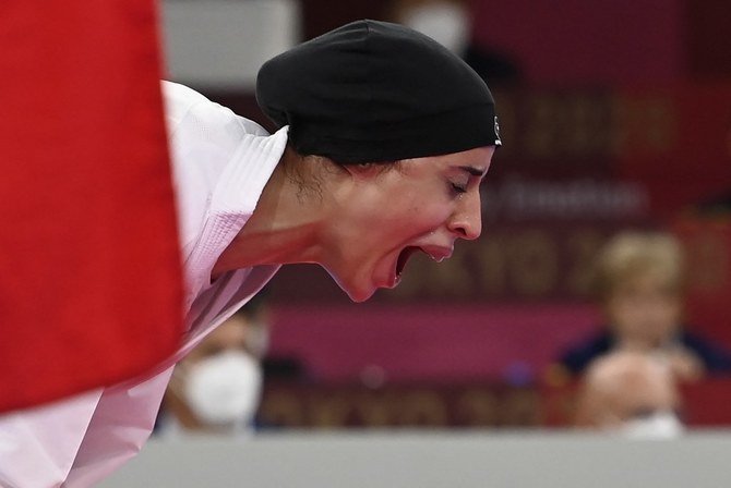 Feryal Abdelaziz claimed glorious gold for Egypt after beating Irina Zaretska 2-0 in the final for the Women’s Karate Kumite +61 kilogram competition at Tokyo 2020. (AFP)