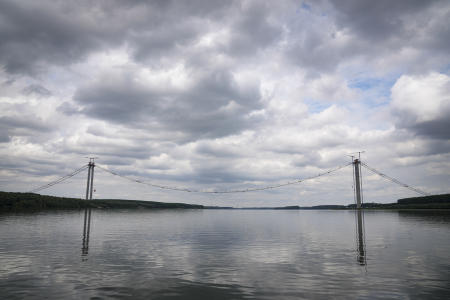 A view of the construction site of a suspension bridge over the Danube river in Braila, Romania, Thursday, Aug. 26, 2021. (AP)