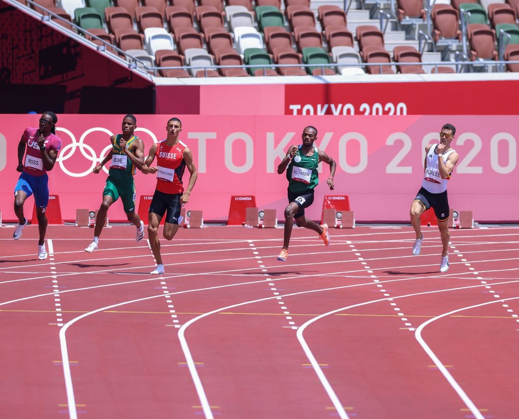 Mazen Al-Yassin wins his Men’s 400m heat at Tokyo Olympic Stadium. (Saudi Arabian Olympic Committee)