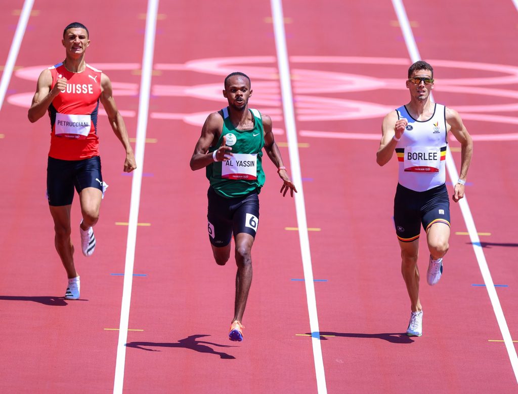 Mazen Al-Yassin wins his Men’s 400m heat at Tokyo Olympic Stadium. (Saudi Arabian Olympic Committee)
