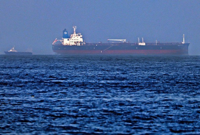 A picture shows the Israeli-linked Japanese-owned tanker MT Mercer Street, off the port of the Gulf Emirate of Fujairah in the UAE. (File/AFP)