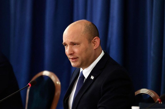 Israeli Prime Minister Naftali Bennett speaks at the weekly cabinet meeting in Jerusalem, on August 8, 2021. (AFP)