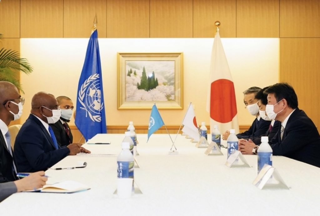 Abdulla Shahid, the President-elect of the 76th session of the United Nations General Assembly (UNGA), met with Japanese Foreign Minister MOTEGI Toshimitsu on Friday. Photo: (Courtesy of MOFA)