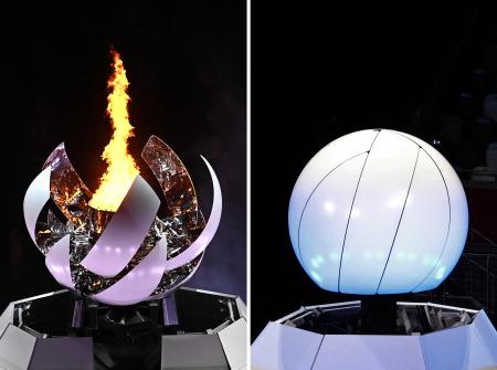 A combination of pictures created on August 8, 2021 shows the Olympic flame burning (L) in the cauldron at the Olympic Stadium during the opening ceremony of the Tokyo 2020 Olympic Games, in Tokyo, on July 23, 2021 and another of the Olympic cauldron as it closes (R) after the Olympic flame was extinguished during the closing ceremony of the Tokyo 2020 Olympic Games at the Olympic Stadium in Tokyo on August 8, 2021. (AFP)