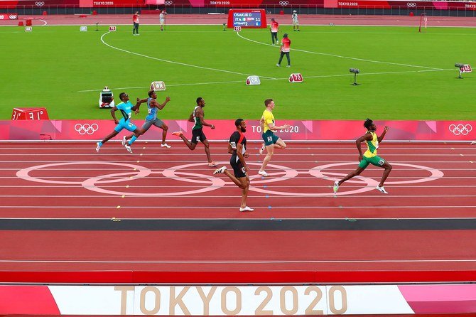 Mazen Al-Yassin (fourth from right) during the Men’s 400m Semifinal 2 on Monday. (Saudi Arabian Olympic Committee)