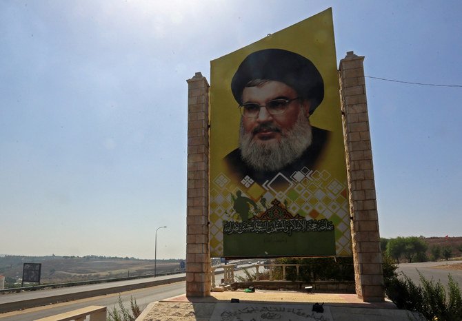 A billboard featuring Hezbollah leader Hassan Nasrallah on a highway near Tyre, southern Lebanon, September 29, 2020. (Reuters)