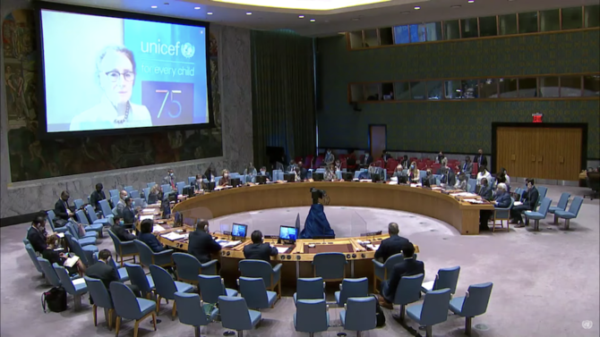 The UN Security Council holds a session on the situation in Yemen in New York on Monday, Aug. 23, 2021. (Screenshot/UNTV)