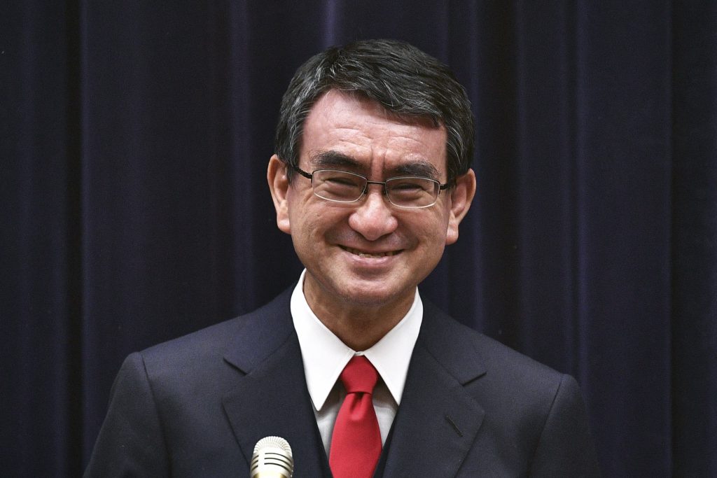 A former foreign and defence minister, the 58-year-old Kono, educated at Georgetown University and a fluent English speaker, has built a popular following among young voters with an active social media presence in two languages, with 2.3 million followers on his Japanese page alone. (AFP)