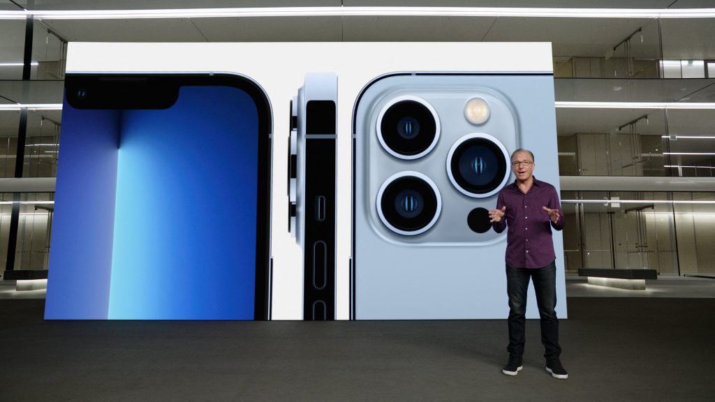 This handout image obtained September 14, 2021 courtesy of Apple Inc. shows Apple's senior vice president of Worldwide Marketing Greg Joswiak talking about the new iPhone 13 Pro during a special Apple event, as seen in this still image from the keynote video. (AFP)