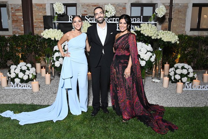 Fatima Al-Banawi, Mohammed Al Turki and Saba Mubarak attend the Celebration of Women in Cinema Gala hosted by The Red Sea Film Festival during the 78th Venice International Film Festival. (Getty Images)