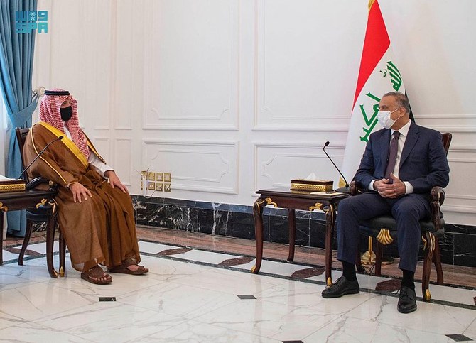 Iraqi Prime Minister Mustafa Al-Kadhhimi receives Saudi Minister of Interior Prince Abdul Aziz bin Saud bin Naif in Baghdad. (Twitter/@MAKadhimi)