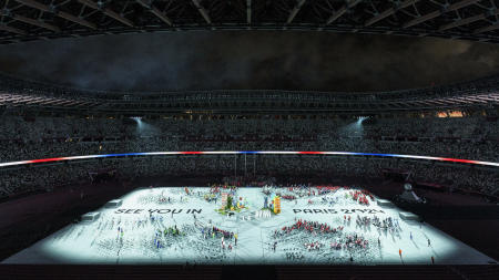 'See you in Paris 2024' message on the floor of the stadium at the end of the closing ceremony for the Tokyo 2020 Paralympic Games at the Olympic Stadium in Tokyo, Japan, on Sept. 5, 2021. (AP)