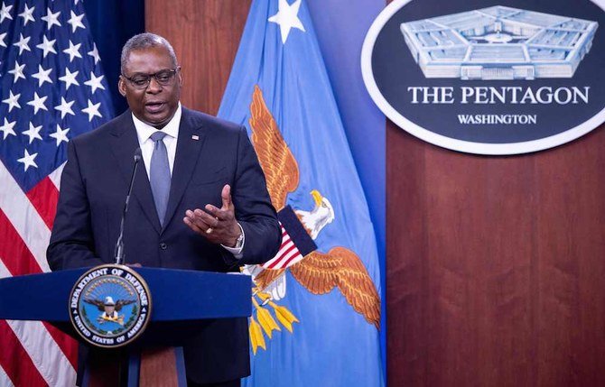 US Secretary of Defense Lloyd Austin III holds a press briefing about the US military drawdown in Afghanistan, at the Pentagon in Washington, DC Sept. 1, 2021. (AFP)