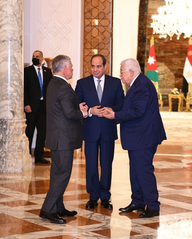 A trilateral summit between the leaders of Egypt, Jordan and Palestine took place in Cairo on Thursday to discuss issues of mutual concern, including the Palestinian cause. (AN Photo/Yasmine Issa)