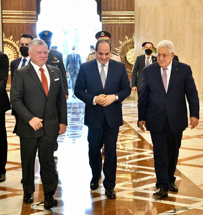 A trilateral summit between the leaders of Egypt, Jordan and Palestine took place in Cairo on Thursday to discuss issues of mutual concern, including the Palestinian cause. (AN Photo/Yasmine Issa)