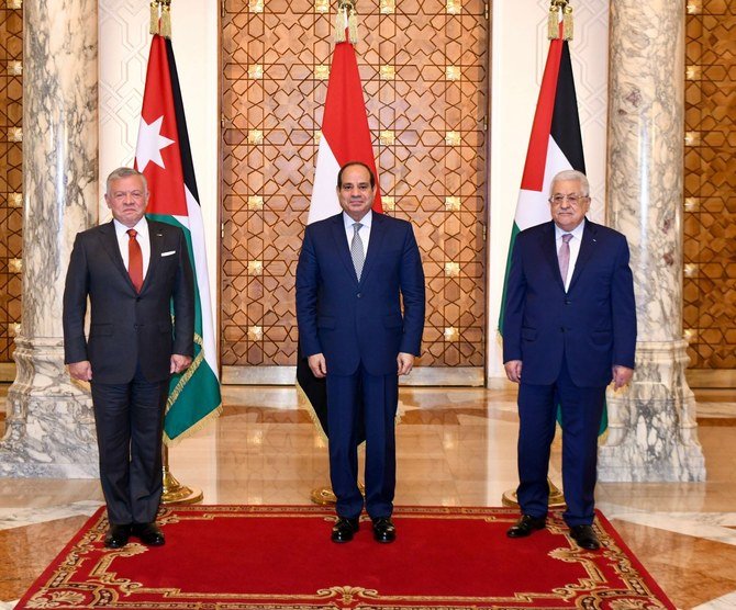 A trilateral summit between the leaders of Egypt, Jordan and Palestine took place in Cairo on Thursday to discuss issues of mutual concern, including the Palestinian cause. (AN Photo/Yasmine Issa)