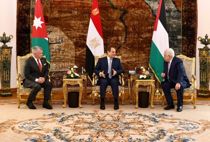 A trilateral summit between the leaders of Egypt, Jordan and Palestine took place in Cairo on Thursday to discuss issues of mutual concern, including the Palestinian cause. (AN Photo/Yasmine Issa)