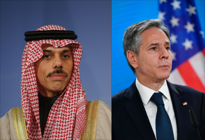 Saudi Arabian Foreign Minister Prince Faisal bin Farhan and US Secretary of State Antony Blinken discuss Afghanistan. (Anadolu Agency/Getty Images)