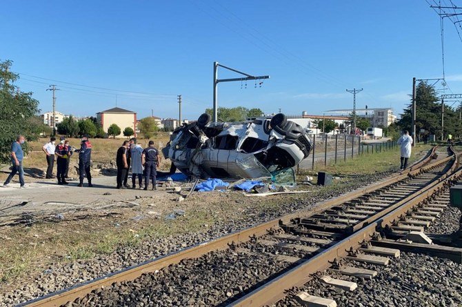 A flipped minibus is seen after collision with a train in Ergene, Tekirdağ province, northwestern Turkey, Sept. 4, 2021. (File/Andalou Agency)