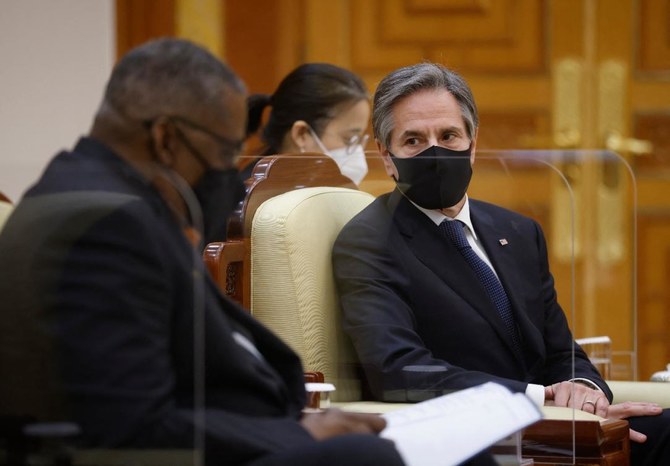 US Defense Secretary Lloyd Austin (L) speaks as US Secretary of State Antony Blinken looks on during their meeting with South Korean President Moon Jae-in at the Presidential Blue House in Seoul on March 18, 2021. (File/AFP)