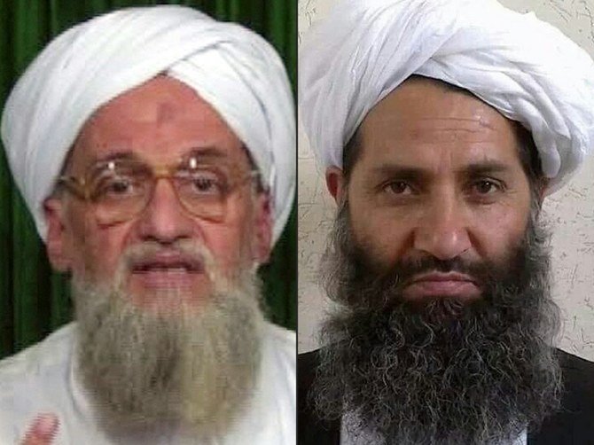 A handout picture of a video grab showing Al-Qaeda's chief Ayman Al-Zawahiri (L) at an undisclosed location making an announcement, and an undated handout photograph released by the Afghan Taliban showing the new Mullah Haibatullah Akhundzada. (File/AFP)