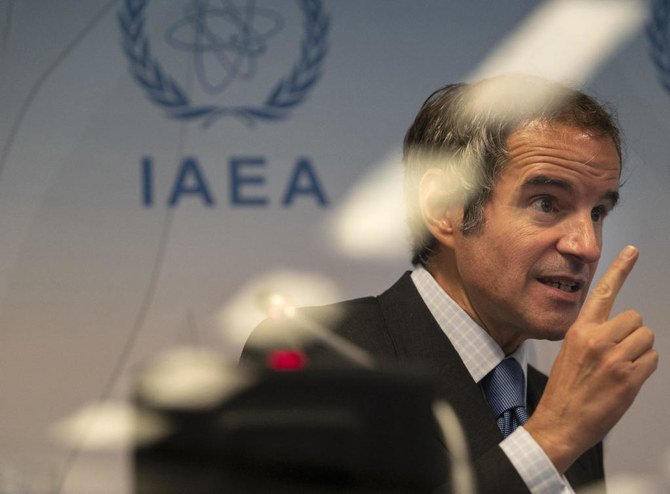 Rafael Grossi, Director General of the International Atomic Energy Agency (IAEA), speaks to journalists after the IAEA board meeting at the agency’s headquarters in Vienna, Austria. (File/AFP)